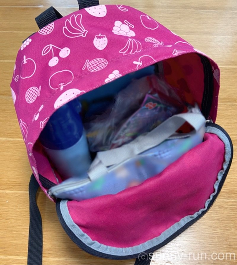 アウトドアプロダクツのキッズリュックに、お弁当バッグ、水筒、お菓子、レジャーシートをすっきりと収納した様子